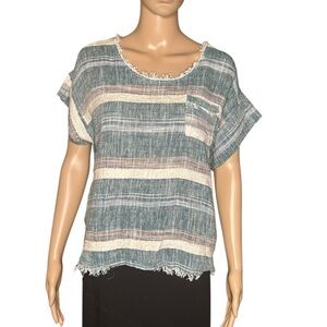 🩷Fate Linen blend Textured Knit Fringe Trim Top Women Small Multi Stripe Boho